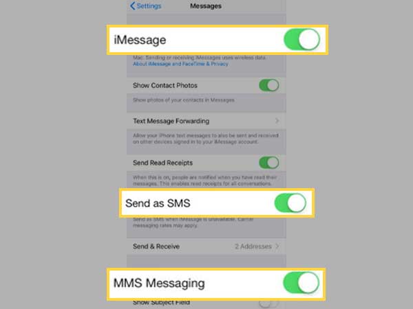 Inside Settings, navigate to the ‘Messages’ section and make sure “MMS, SMS and iMessage” are enabled.