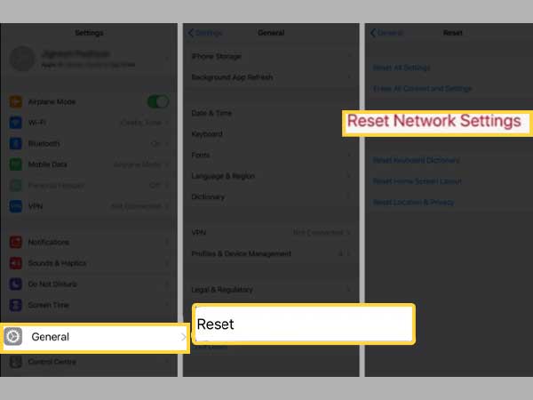 Inside the ‘Settings’ app, go to the ‘General Settings’ section to tap on ‘Reset’ and then, on ‘Reset Network Settings.’