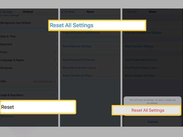 Inside the 'General’ section of your iPhone settings, tap on the ‘Reset’ option to select ‘Reset All Settings.’