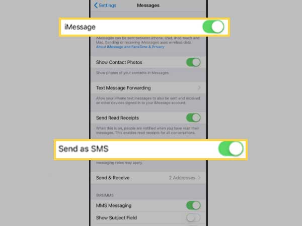 Switches next to “iMessage” and “Send as SMS” are toggled ‘ON’