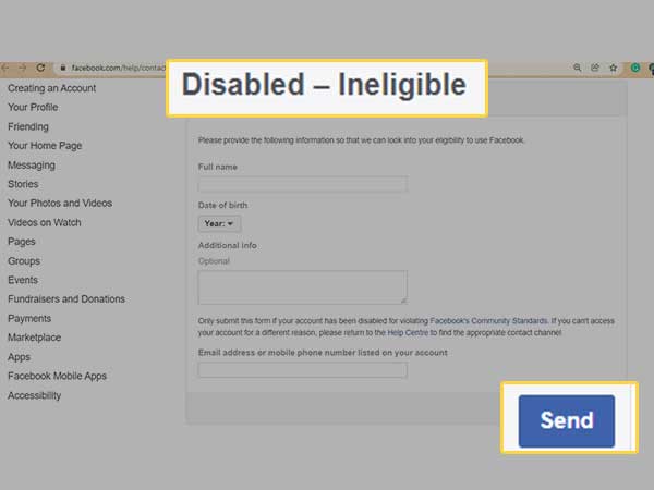 Fill the disable the ineligible Facebook form
