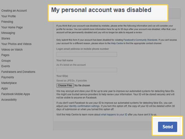  fill the Facebook account disability tab 
