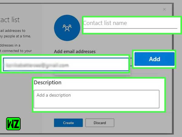 Enter the contact list name, add email address, click Add and fill in the description of the contact list.