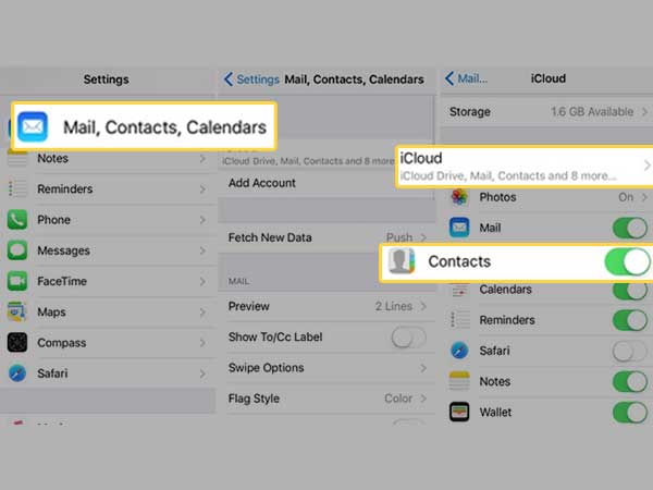 Tap on Mail Contacts and Calendars then on iCloud and then tap on ‘Find Contacts to toggle Contacts in iCloud Off and On.