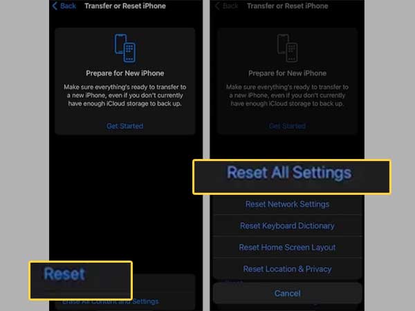 Tap the Reset button and select Reset All Settings from the pop-up menu to factory reset your iPhone.