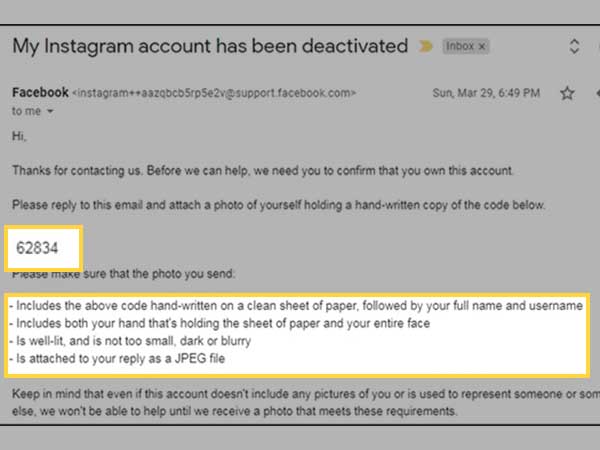 You’ll receive an email for Instagram containing a ‘Code’ and a few ‘Instructions’ to follow