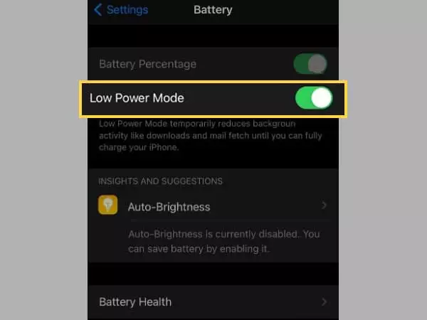  In the battery section, make sure the switch next to ‘Low Power Mode’ is “Off.”