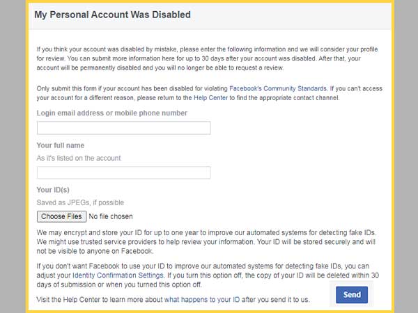 Facebook disabled your account form