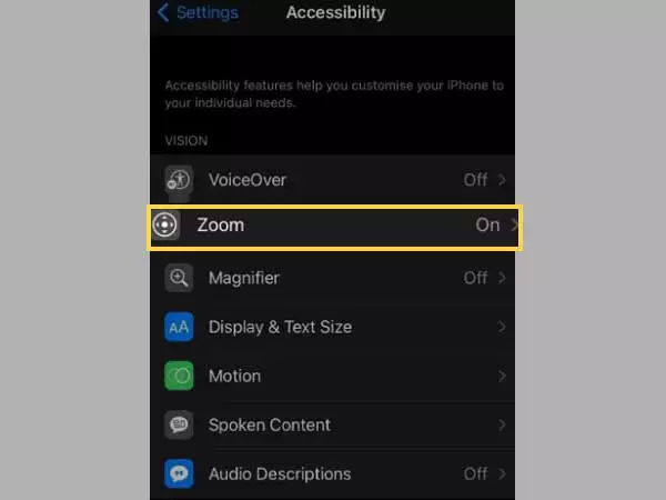 Inside Accessibility settings, tap on ‘Zoom.’