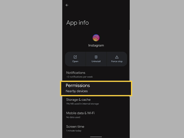 Navigate to ‘Settings > Apps > Instagram’ and tap on “Permissions” to turn on all the relevant permissions for Instagram
