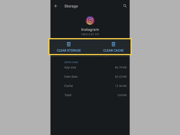 Tap on Clear Cache and Clear Storage separately to clear Instagram app cache and data.