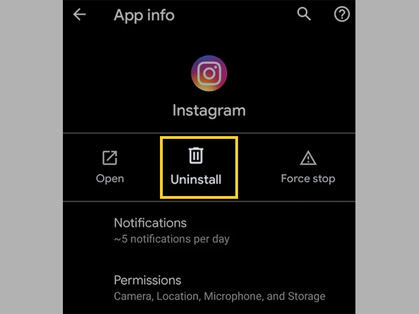 Tap on ‘Uninstall’ to remove the Instagram app from your Android phone.