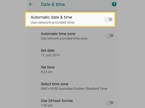 Toggle switch ‘ON’ for the ‘Automatic date & time’ option.