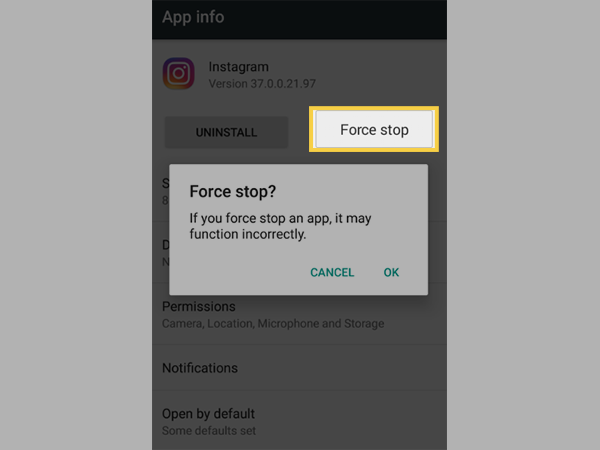 tap on Force Stop option to force close your Instagram app