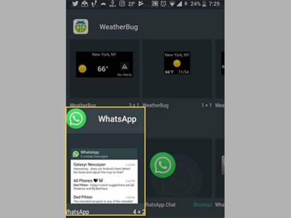 Find the ‘Widget’ option and tap on “4 x 2 WhatsApp” widget.