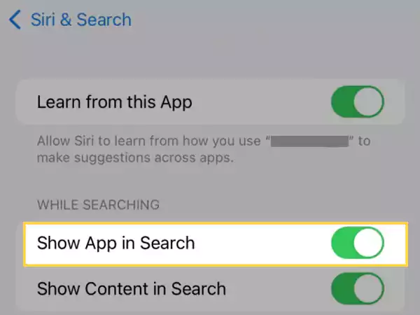 Enable the switch next to the ‘Show App in Search’ option.